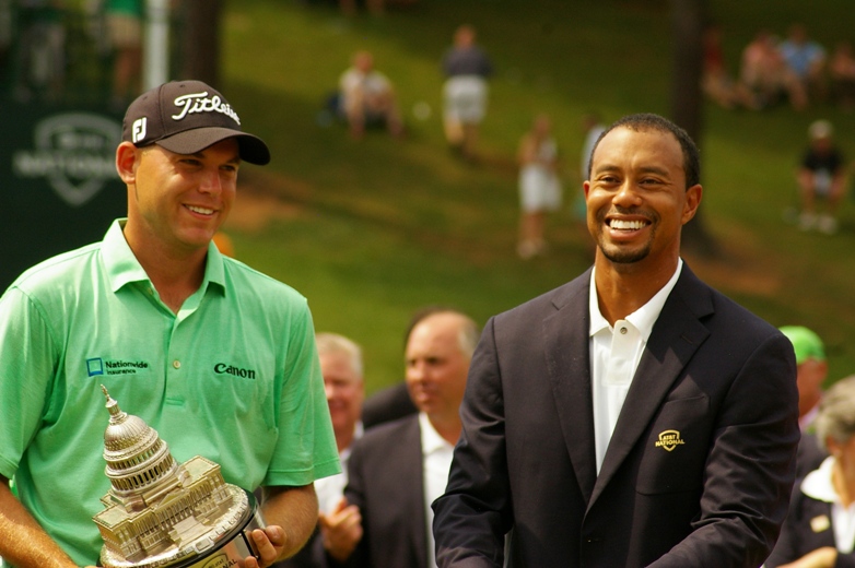 Bill Haas and Tiger trophy smile
