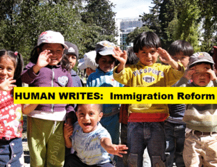 A group of children outdoors, smiling and playing, with a yellow banner about immigration rights.