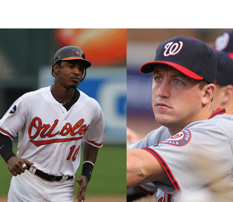 Two baseball players in action, one from the Orioles and one from the Nationals.