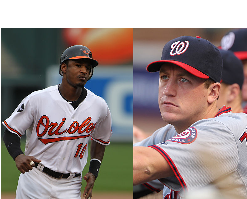 Two baseball players in action, one from the Orioles and one from the Nationals.