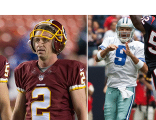 Two NFL players in action, one from Washington and one from Dallas Cowboys.