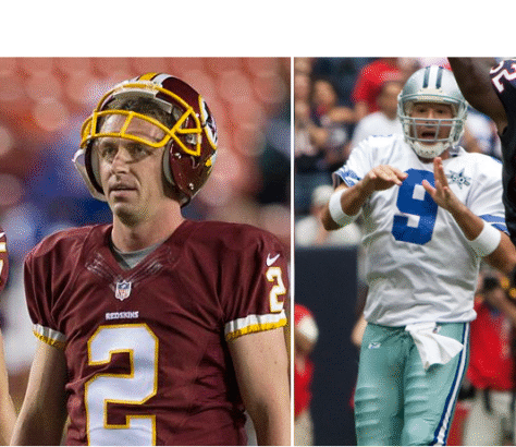 Two NFL players in action, one from Washington and one from Dallas Cowboys.