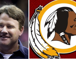 Portrait of a man next to a sports team logo featuring a Native American theme.
