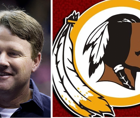 Portrait of a man next to a sports team logo featuring a Native American theme.