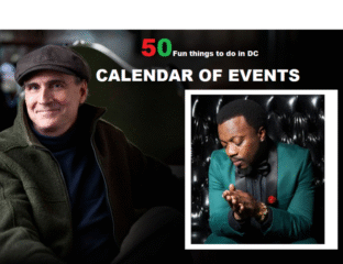 Promotional banner for a PC event calendar featuring two men.