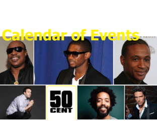 Collage of artists including 50 Cent and others with 'Calendar of Events' text.