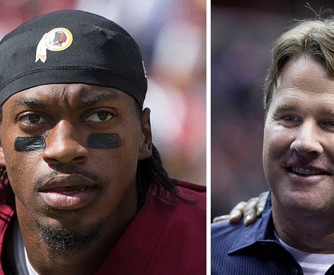 Close-up of two NFL players, one wearing a Washington Redskins cap.