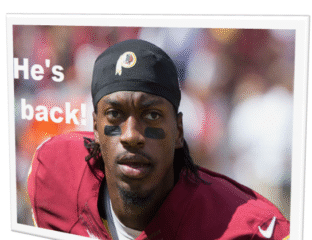 Washington football player with text 'He's back!'