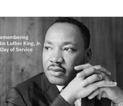 Portrait of Martin Luther King Jr. with a tribute text honoring his service.