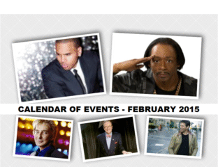 Collage of notable people with a February 2015 events calendar theme.