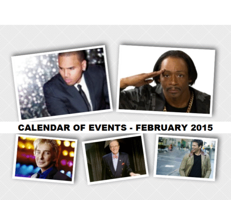 Collage of notable people with a February 2015 events calendar theme.