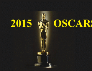 Golden Oscar statuette with 2015 text on a black background.