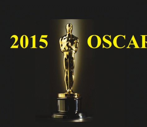 Golden Oscar statuette with 2015 text on a black background.