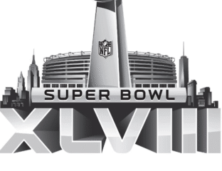 Logo of Super Bowl XLVIII with the Vince Lombardi Trophy and city skyline.