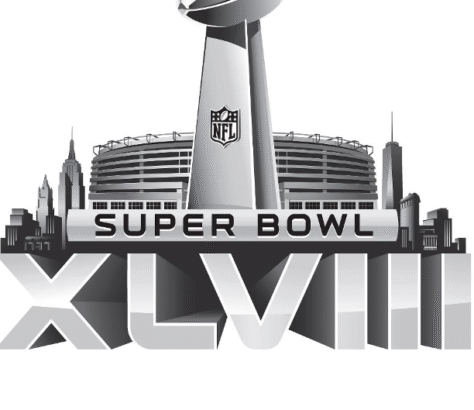 Logo of Super Bowl XLVIII with the Vince Lombardi Trophy and city skyline.