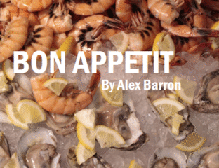 A close-up of shrimp on ice with lemon wedges, titled 'Bon Appetit' by Alex Barron.
