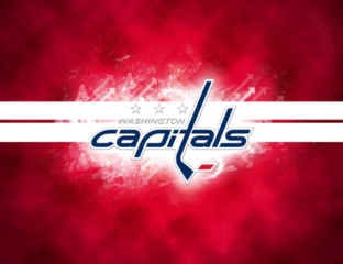 Washington Capitals logo on a red and white abstract background.
