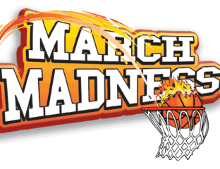 March Madness basketball logo with a net and orange background.