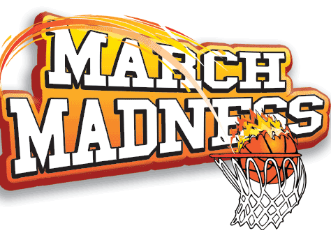 March Madness basketball logo with a net and orange background.