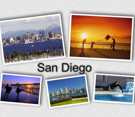 Collage of iconic San Diego scenes with skyline, beach, and sunset.