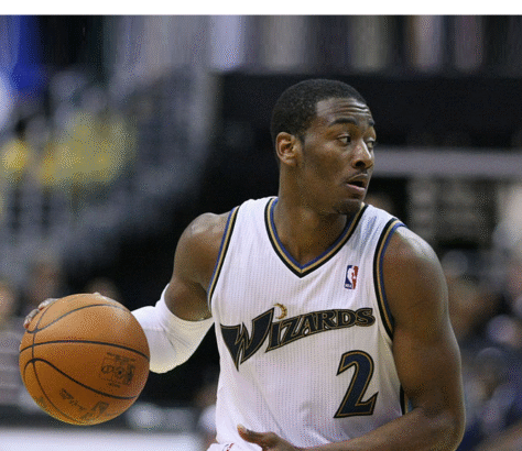 Basketball player in white Wizards jersey dribbling the ball on court.
