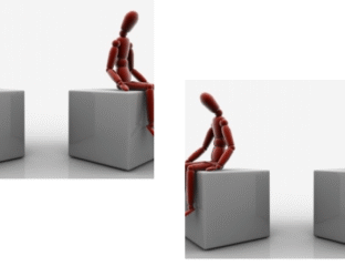 Wooden mannequin sitting thoughtfully on a gray cube against a white background.