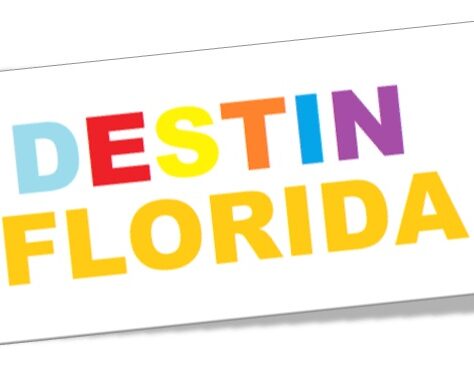 Colorful 'Destin Florida' text logo with each letter in a different bright color.
