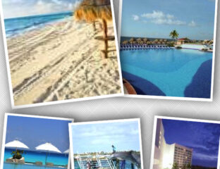 Collage of tropical beach and resort pool scenes under clear skies.
