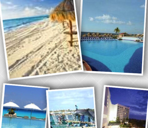 Collage of tropical beach and resort pool scenes under clear skies.