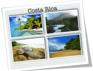 Scenic views of Costa Rica featuring beaches, volcanoes, wildlife, and rivers.