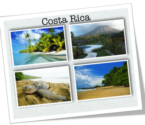 Scenic views of Costa Rica featuring beaches, volcanoes, wildlife, and rivers.