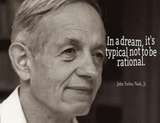 Portrait of John Forbes Nash with a famous quote about dreams and rationality.