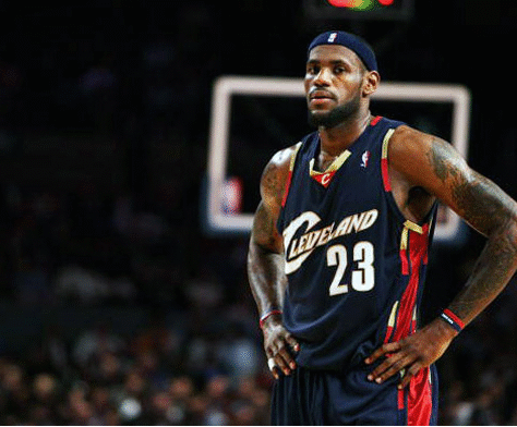 LeBron James in Cleveland Cavaliers uniform on the basketball court.