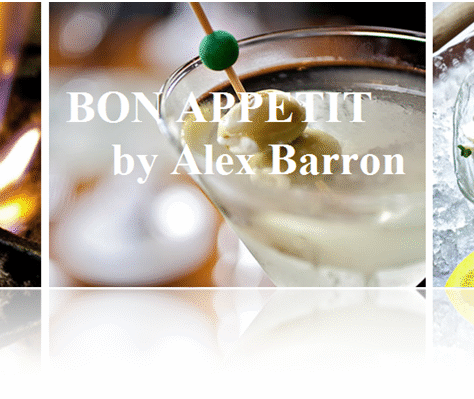 A cocktail glass with a garnish and the text 'BON APPETIT by Alex Barron'.