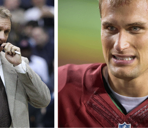 Two images showing a man speaking and a close-up of a football player.