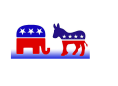 Illustration of Republican elephant and Democratic donkey symbols.