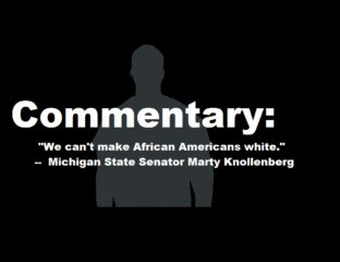 Silhouetted figure with a controversial quote on race by Michigan State Senator Marty Knollenberg.