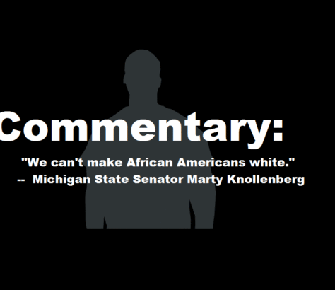 Silhouetted figure with a controversial quote on race by Michigan State Senator Marty Knollenberg.