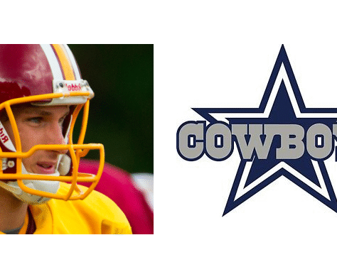 A football player in yellow gear and the Dallas Cowboys logo side by side.