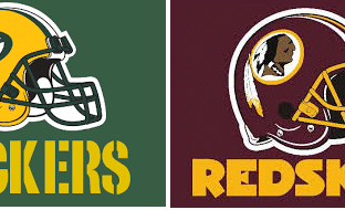 Logos of the Green Bay Packers and Washington Redskins football teams.