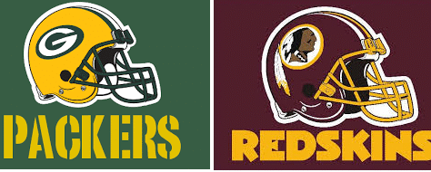 Logos of the Green Bay Packers and Washington Redskins football teams.