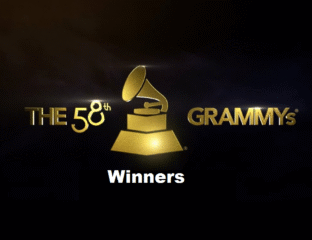 Golden gramophone trophy for the 58th Grammy Awards winners.