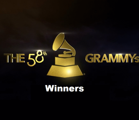 Golden gramophone trophy for the 58th Grammy Awards winners.
