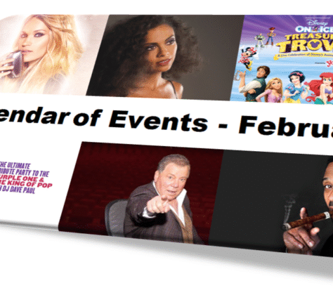 Collage of diverse entertainment events in February, featuring celebrities and movie posters.