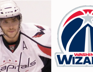 A Washington Capitals hockey player in white jersey with helmet.