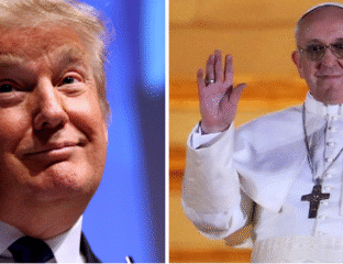 Donald Trump and Pope Francis side by side, both expressing distinct emotions.