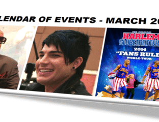 Promotional banner for a March event featuring a smiling young man and a poster for Harley Christmas.