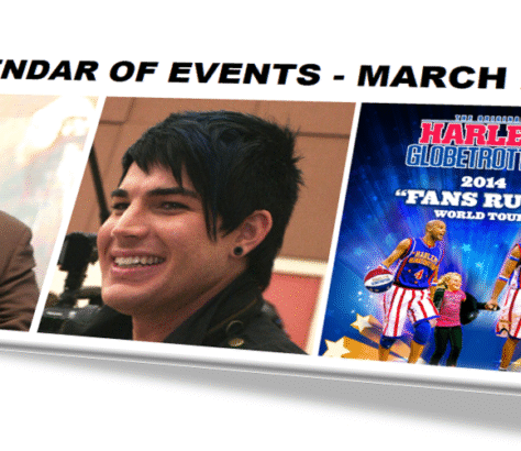 Promotional banner for a March event featuring a smiling young man and a poster for Harley Christmas.