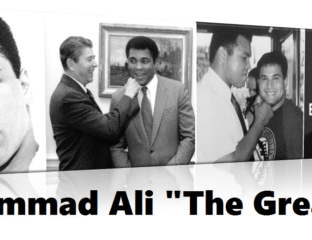 Muhammad Ali adjusting a man's tie in a black-and-white photo.