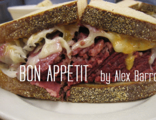 Close-up of a pastrami sandwich with rye bread and melted cheese.